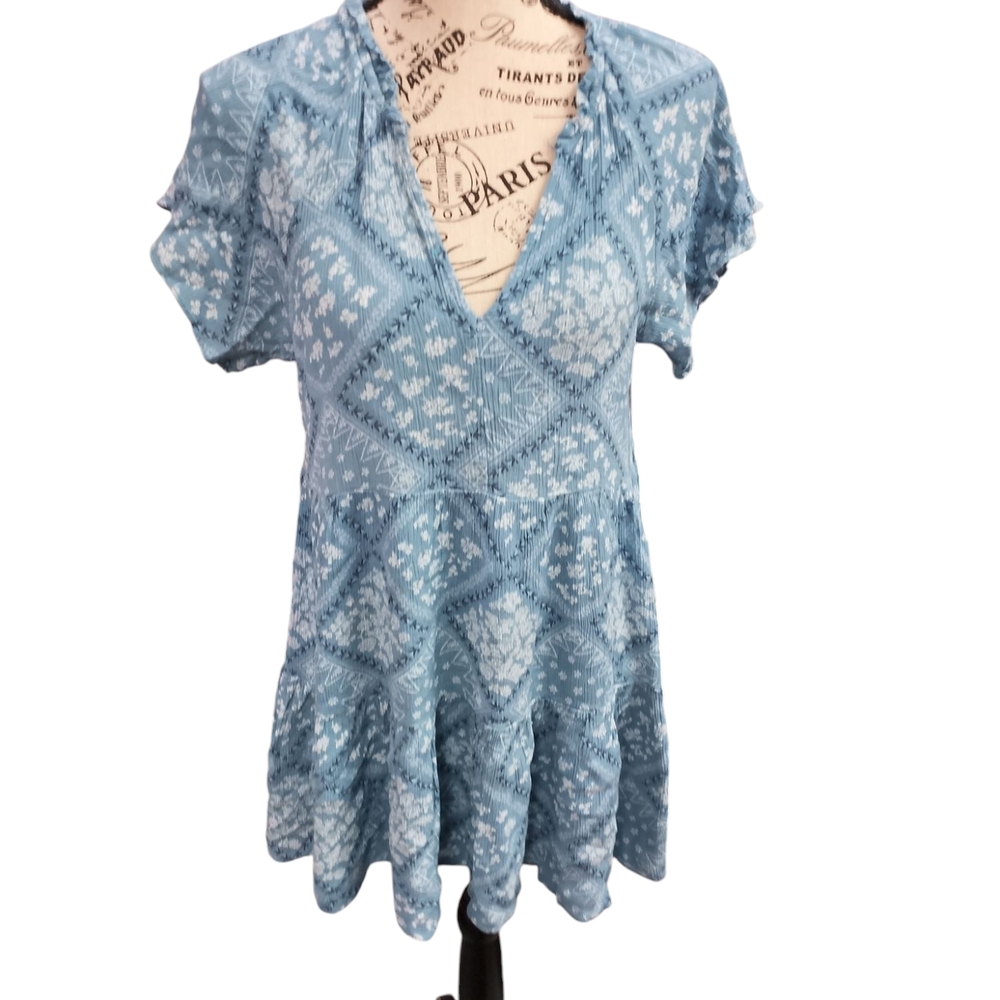Blue Puff Sleeve Tunic with Ruffled Details